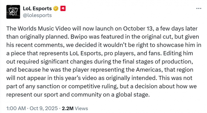 S15世界赛主题曲MV将延迟发布:Bwipo因性别歧视言论而被删除戏份